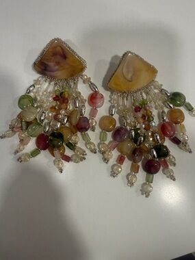 Vintage 1980’s Multicolor Beaded Fringe Drop Earrings - Yellow Center